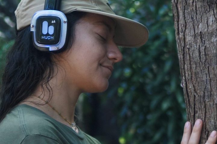 a person standing next to a forest