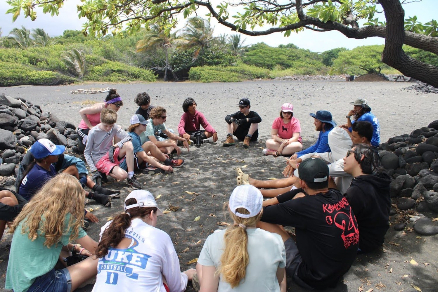 a group of people sitting at a beach