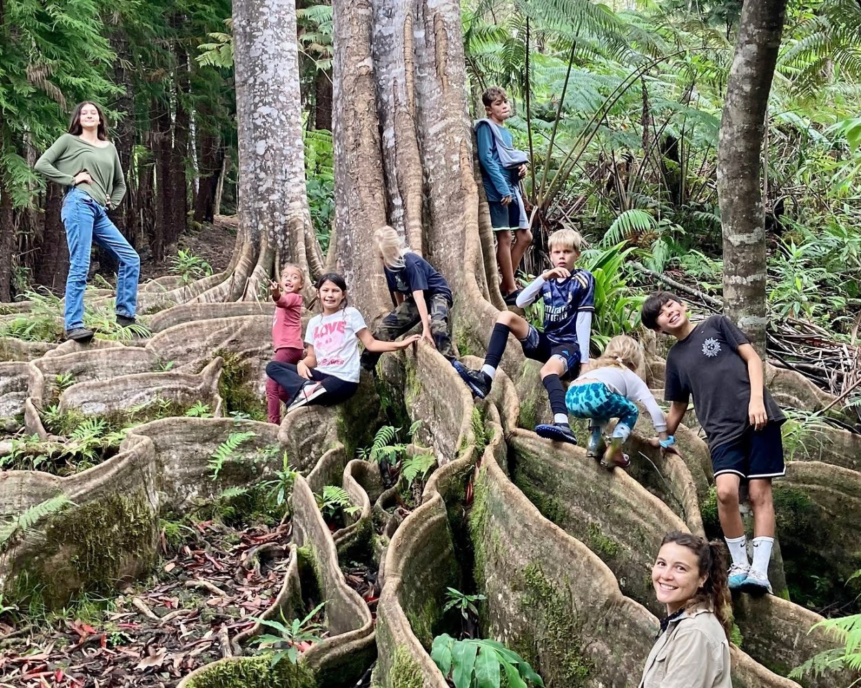 a group of people in a forest