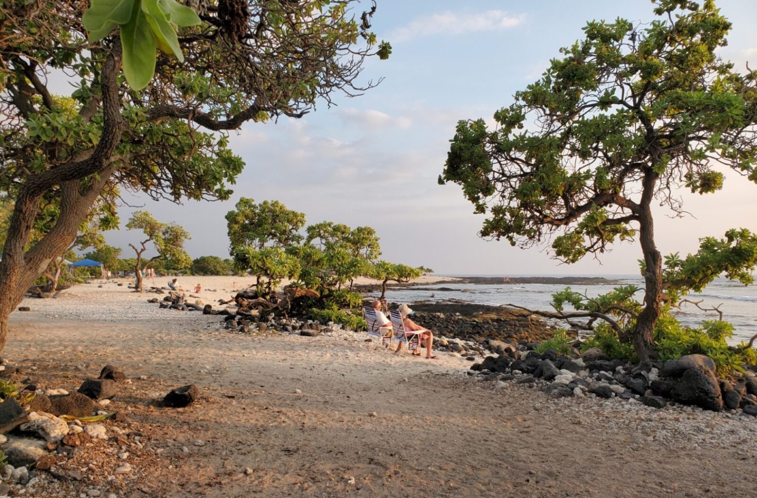 Beach scene with trees, two people sitting on chairs, and ocean in the background at sunset.