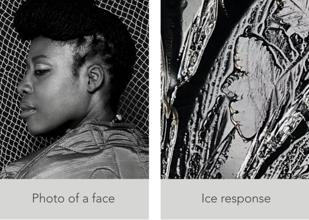Split image: left shows a black and white portrait, right shows abstract ice patterns.