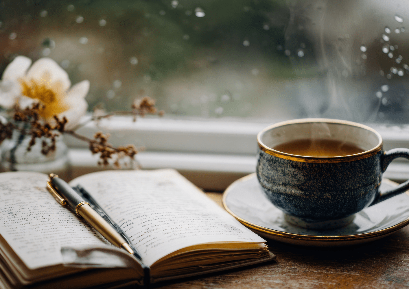 Open journal with pen and steaming cup of tea by a rainy window with flowers.