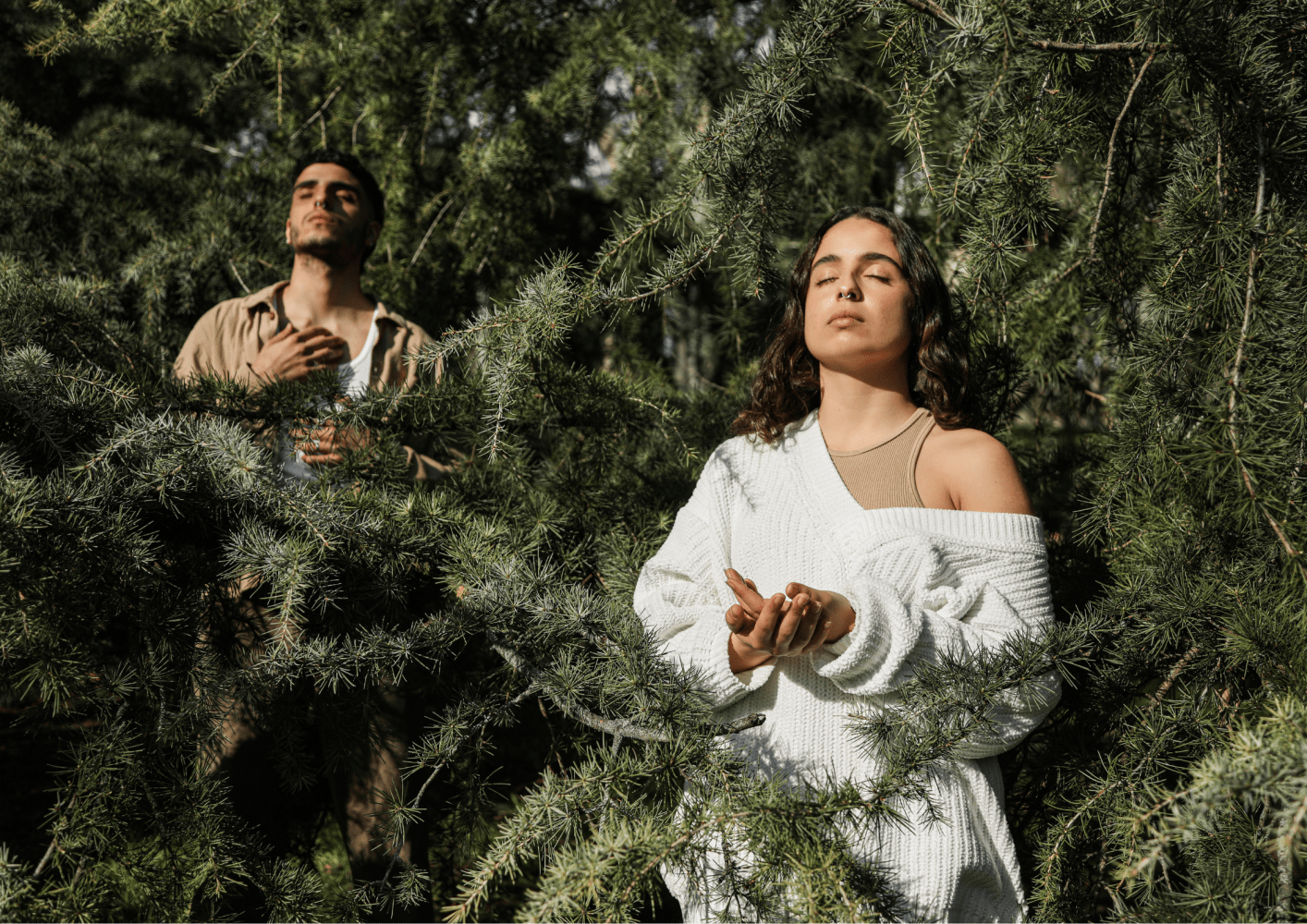 Two people standing among green pine branches with eyes closed in sunlight.
