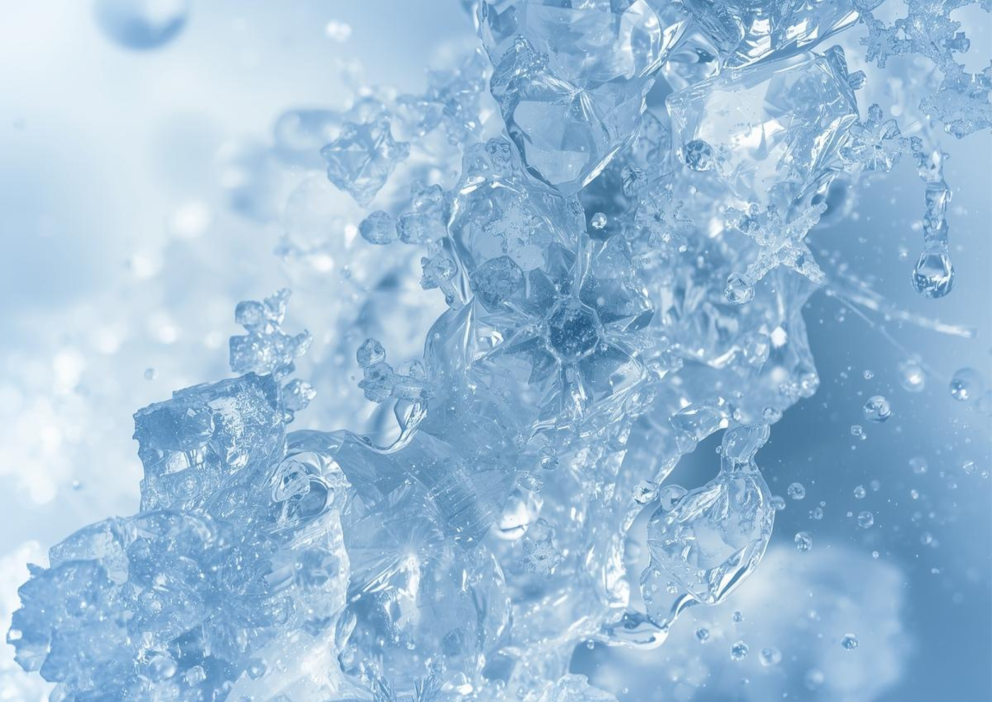 Close-up of ice crystals and droplets with a blue tint, creating a frosty appearance.