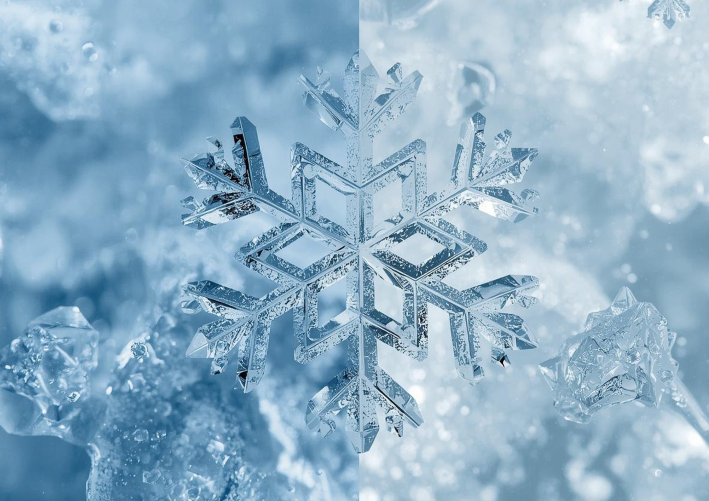 Detailed ice crystal snowflake on a frosty blue background.
