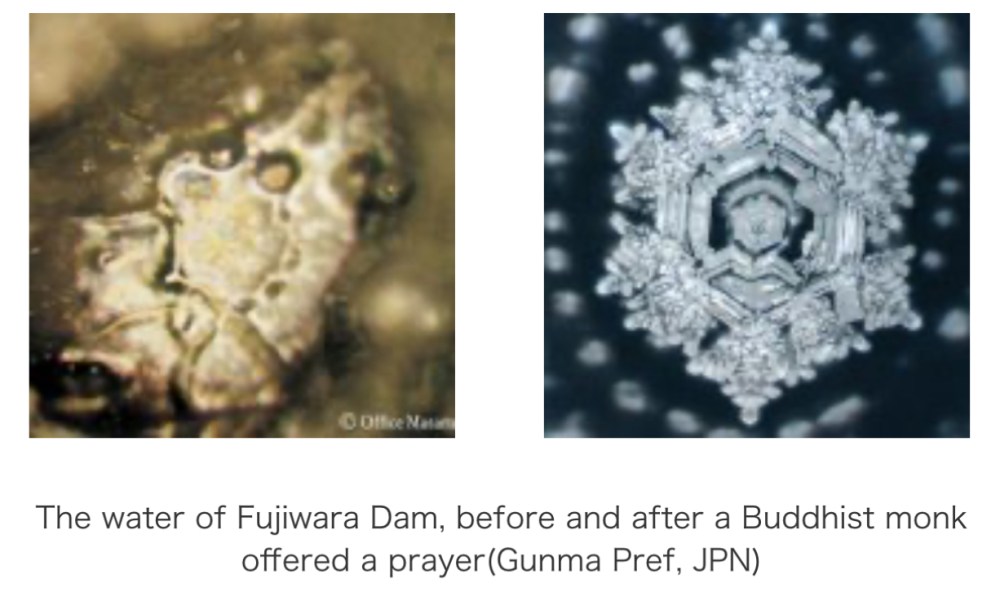 Two images of water crystals, before and after a prayer, with noticeable structural change.
