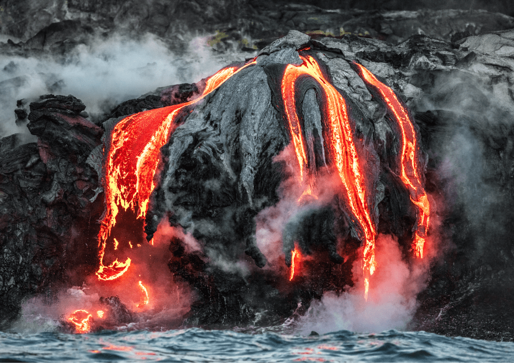Glowing red lava flows down a rocky slope, surrounded by steam and smoke.