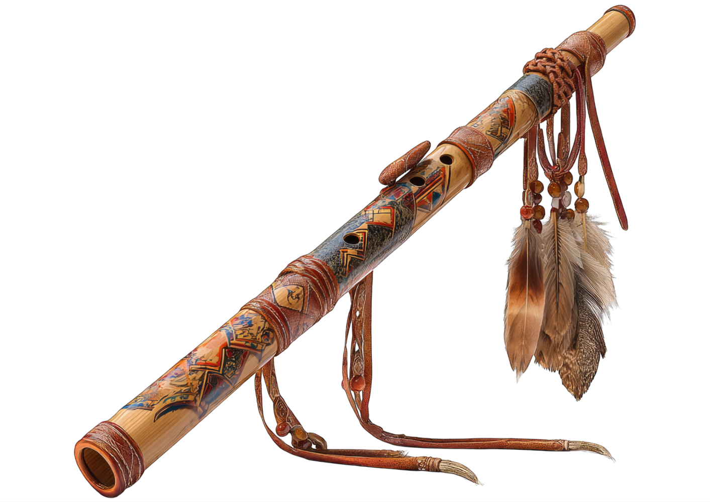 Decorative flute with intricate patterns and feathers attached.