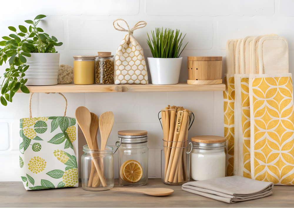 Eco-friendly kitchen items: jars, wooden utensils, plants, and fabric bags on a shelf.