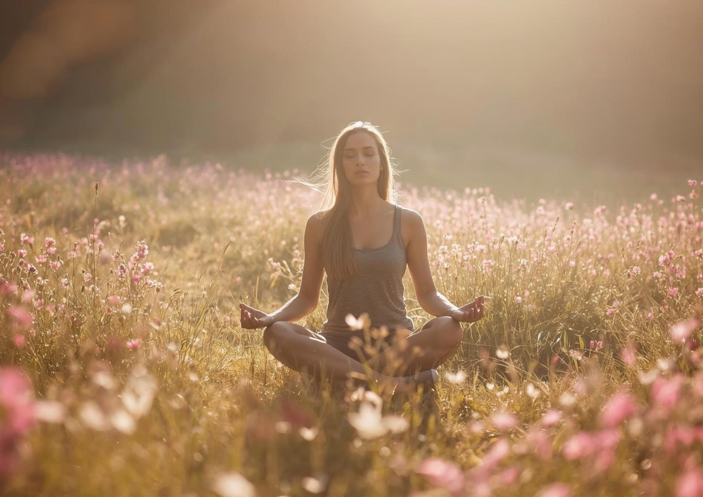 Woman meditating in a sunlit field with pink flowers, seated cross-legged.