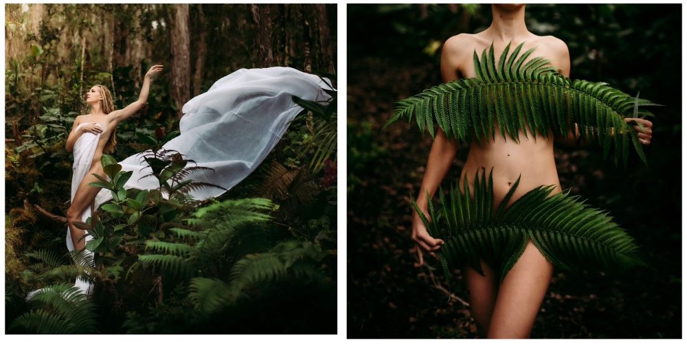 Two artistic photos: left, person with sheet in forest; right, person with ferns covering torso.