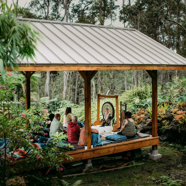 Group meditating in a forest under a wooden pavilion with a picture at the center.