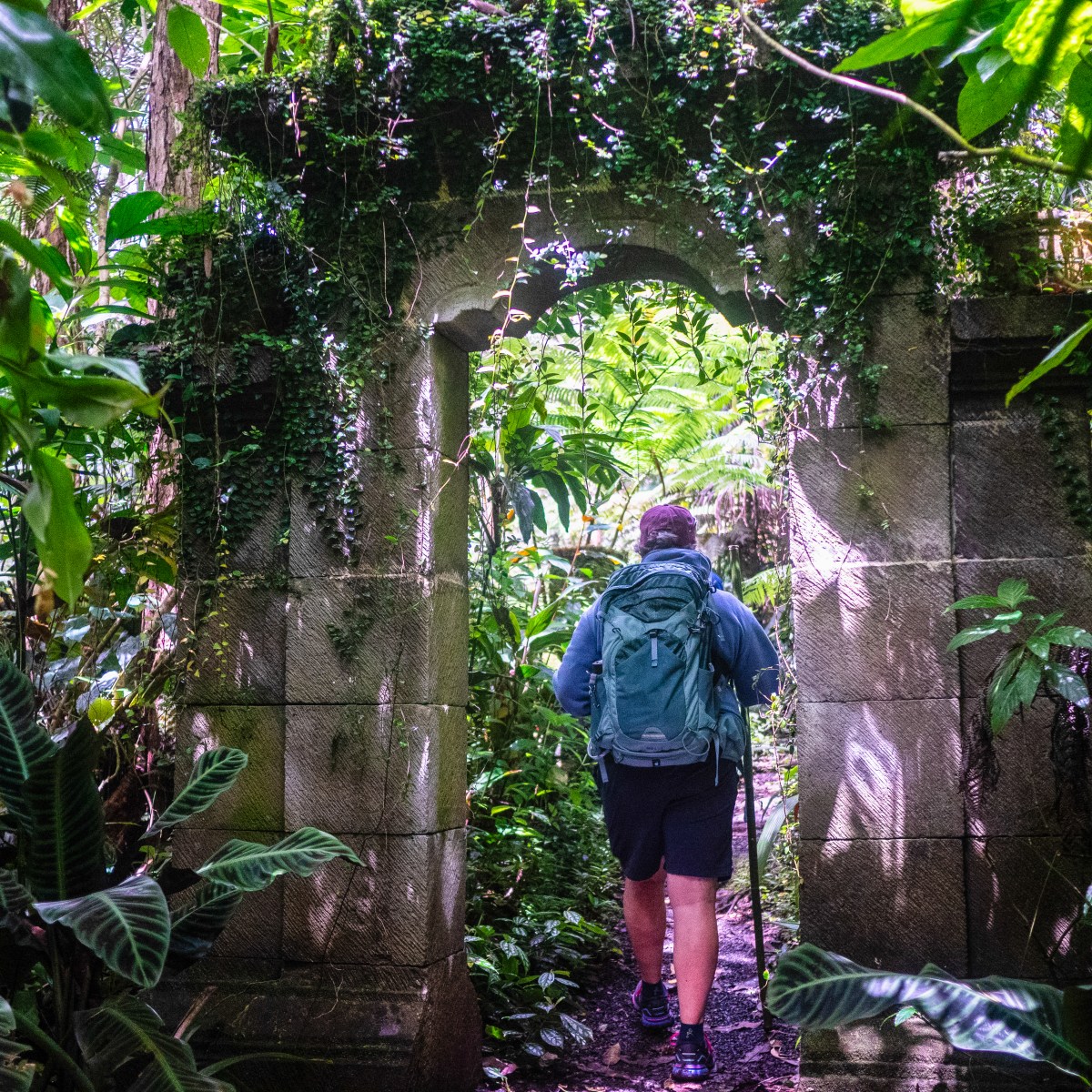 Person with backpack walks through overgrown stone arch in lush jungle.