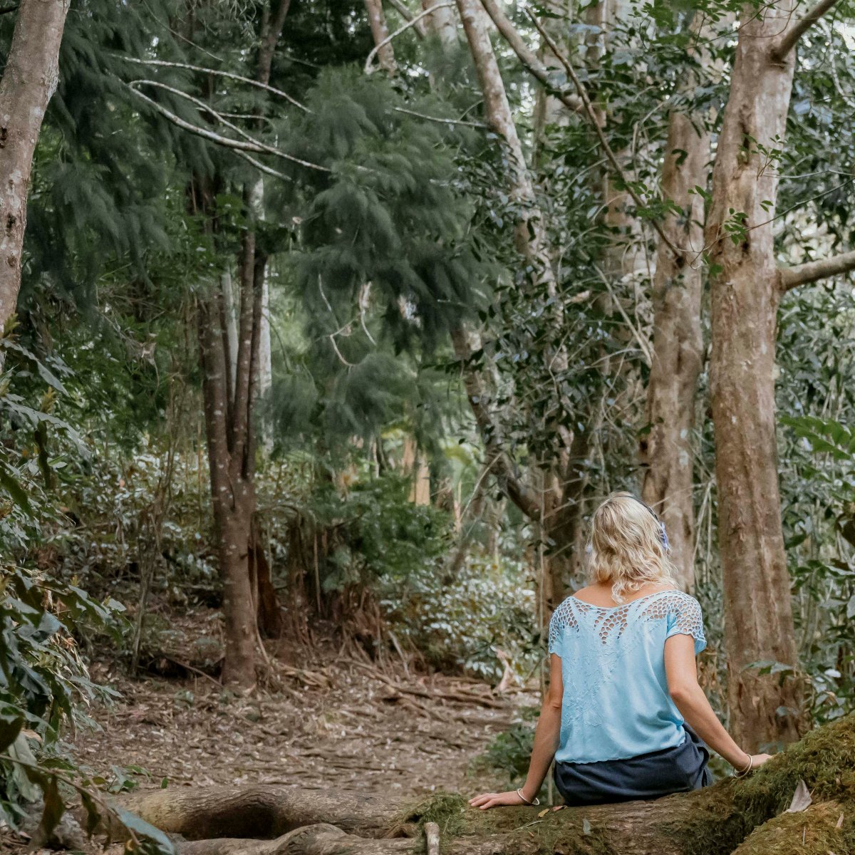 Woman sitting on a log in a forest, back facing the camera.