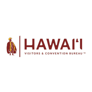 Logo with Hawaiian warrior and 'Hawaii Visitors & Convention Bureau' text.
